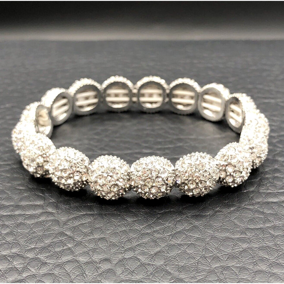 Rhinestone Stretch Bracelet Pave Crystal Snowball Bangle Adjustable 6.5 - 7.5 in - Picture 1 of 8